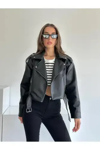 New Season Oversized Black Biker Leather Jacket - 3