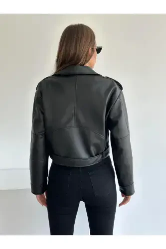 New Season Oversized Black Biker Leather Jacket - 4