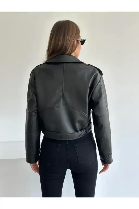 New Season Oversized Black Biker Leather Jacket - 4