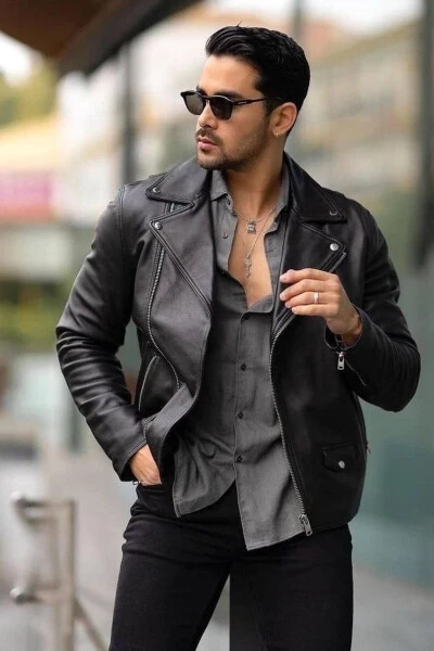 New Season Oversized Detailed Black Leather Jacket - JAGLION