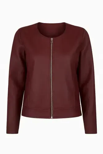 New Season Plain Burgundy Leather Jacket-Burgundy - 4