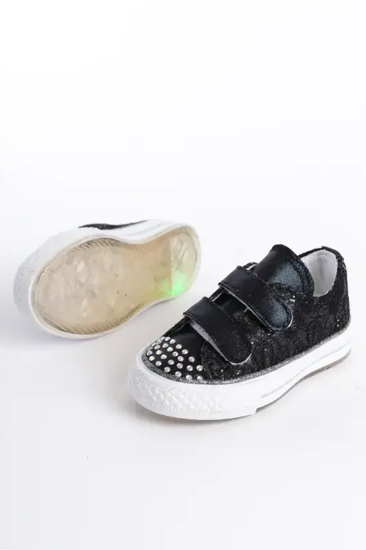 New Season Rhinestone Velcro Black Girls Shoes, Orthopedic Girls Casual Shoes 21-30 Light-Up-Velcro black - 4