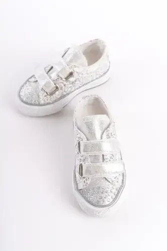 New Season Stone Buckle Silver Orthopedic Girl's Shoe, Girl's Sneaker 21-30 Lighted-Silver Lace - Modazone (1)