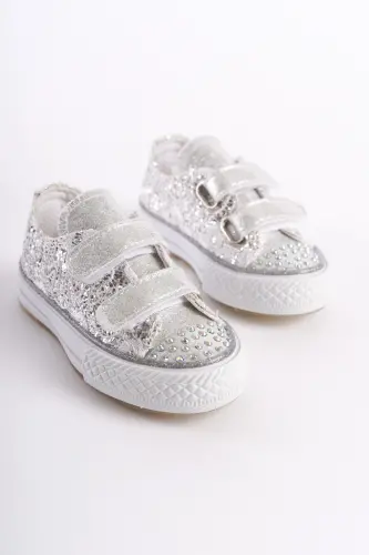 New Season Stone Buckle Silver Orthopedic Girl's Shoe, Girl's Sneaker 21-30 Lighted-Silver Lace 