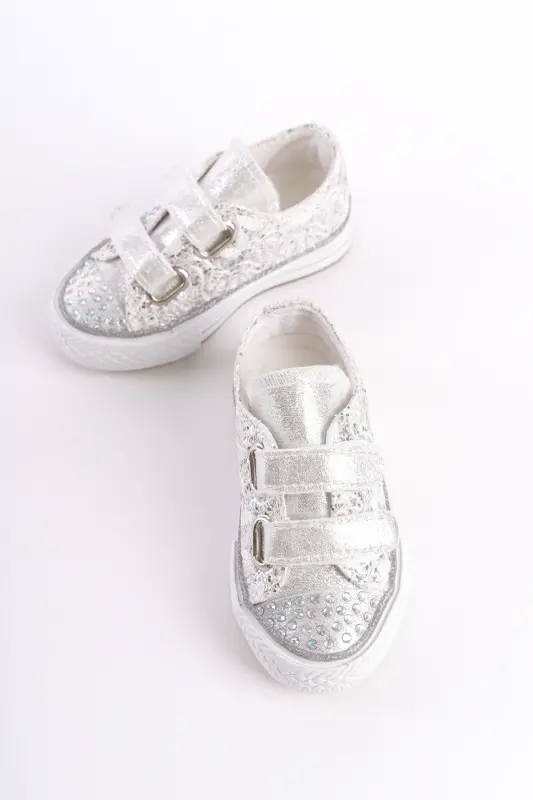 New Season Stone Buckle Silver Orthopedic Girl's Shoe, Girl's Sneaker 21-30 Lighted-Silver Lace - 2