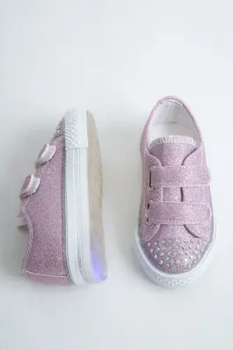 New Season Stone Detailed Velcro Lilac Girl Shoes, Orthopedic Girl Casual Shoes 21-30 Light-Up-Purple - 3