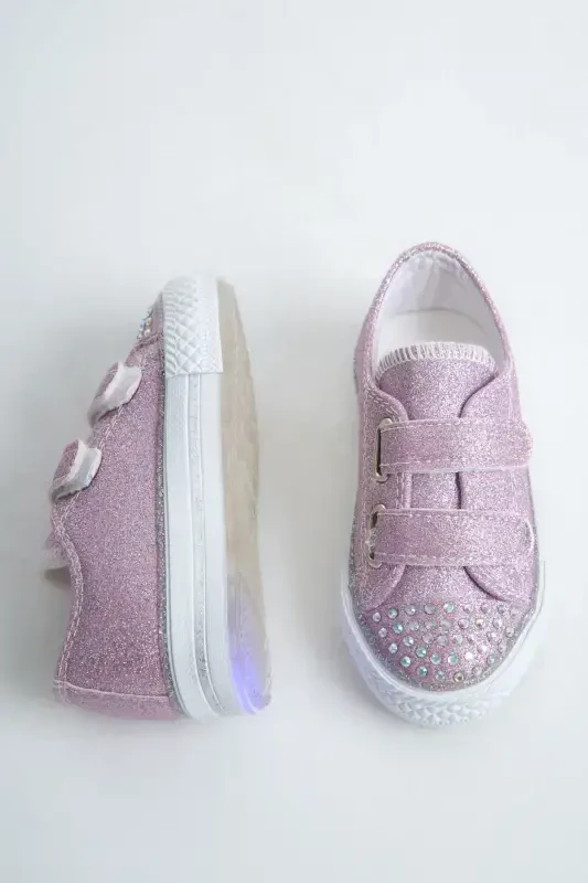 New Season Stone Detailed Velcro Lilac Girl Shoes, Orthopedic Girl Casual Shoes 21-30 Light-Up-Purple - 3