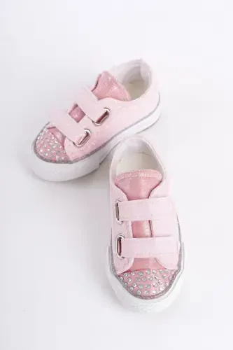 New Season Stone Detailed Velcro Pink Girl Shoe, Orthopedic Girl Daily Shoe (21-30 Lighted)-Pink - 1