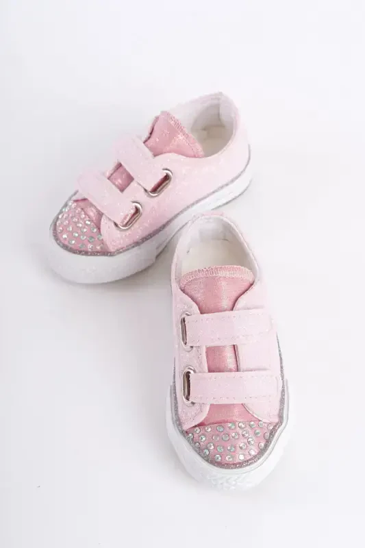 New Season Stone Detailed Velcro Pink Girl Shoe, Orthopedic Girl Daily Shoe (21-30 Lighted)-Pink - 1