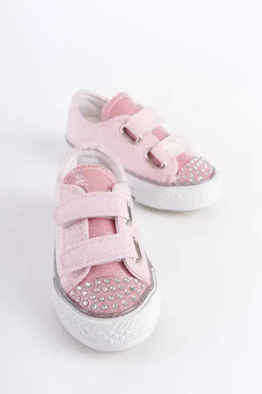 New Season Stone Detailed Velcro Pink Girl Shoe, Orthopedic Girl Daily Shoe (21-30 Lighted)-Pink - 2