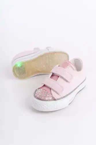 New Season Stone Detailed Velcro Pink Girl Shoe, Orthopedic Girl Daily Shoe (21-30 Lighted)-Pink - 3