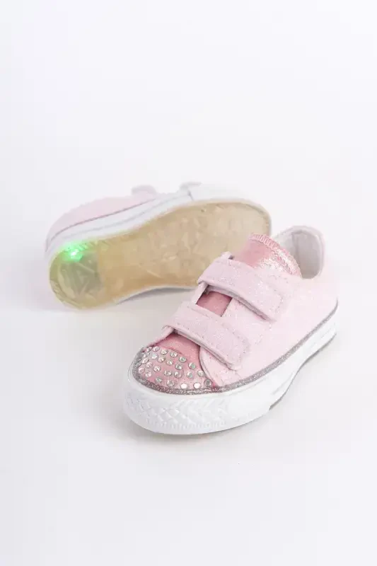 New Season Stone Detailed Velcro Pink Girl Shoe, Orthopedic Girl Daily Shoe (21-30 Lighted)-Pink - 3