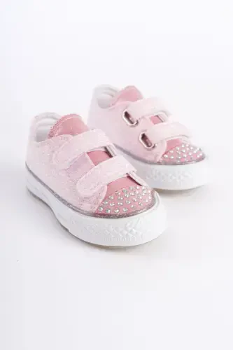 New Season Stone Detailed Velcro Pink Girl Shoe, Orthopedic Girl Daily Shoe (21-30 Lighted)-Pink - 4