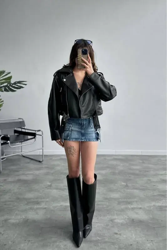 New Season Women's Black Biker Leather Jacket - 2