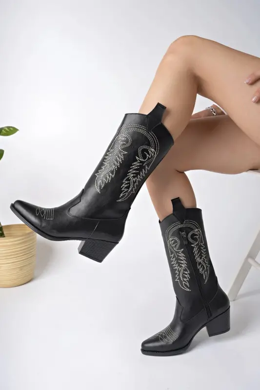 New Season Women's Cowboy Boots in Black Leather with White Embroidery - Black - 1