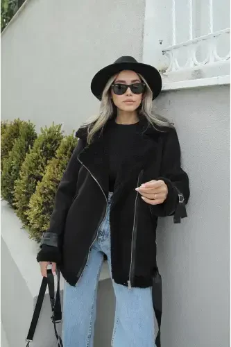 New Season Women's Inner Rapid Belt Detailed Zr Leather Suede Jacket-BLACK - 3