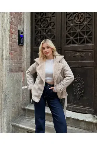 New Season Women's Zippered Suede Leather Jacket with Belt Detail - 1