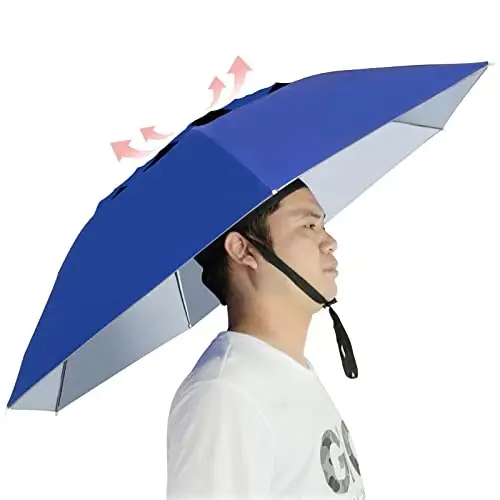 NEW-Vi Fishing Umbrella Hat Folding Adjustable Sun Rain Cap, 37.4”Oversize Hands Free Umbrellas, 7-Ribs Anti-UV Waterproof Headwear for Fishing Gardening Golf Sunshade Outdoor - 1