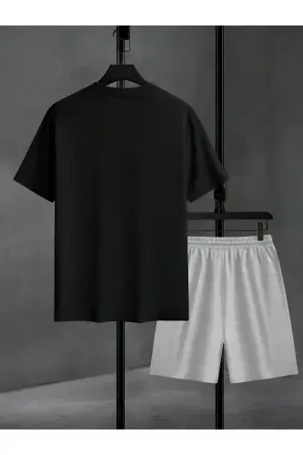 new yourk baskılı alt ust takım şort & t-shirt-siyah - 3
