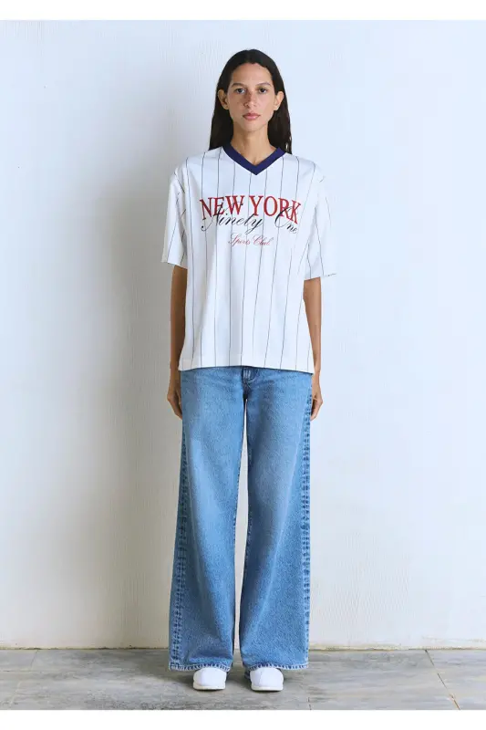New York Baskılı Beyaz Forma Tişört Oversize / Geniş Kesim 1613496-620 - Beyaz-620 - 2