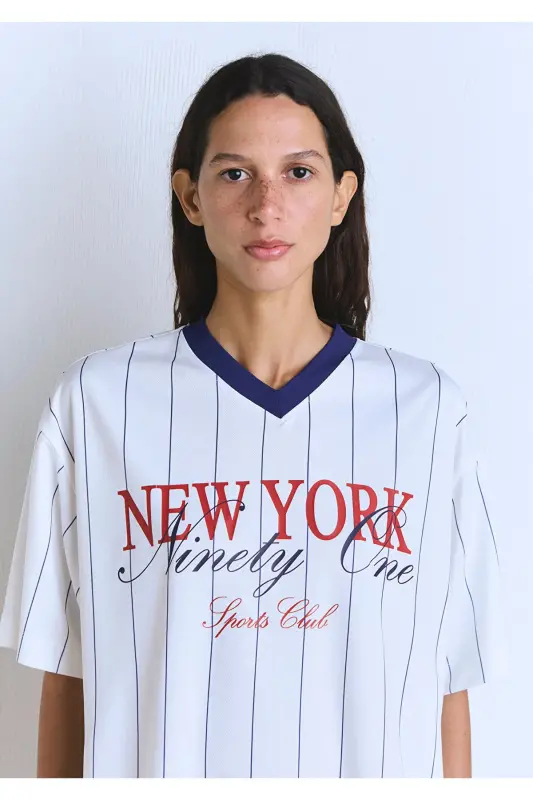 New York Baskılı Beyaz Forma Tişört Oversize / Geniş Kesim 1613496-620 - Beyaz-620 - 5