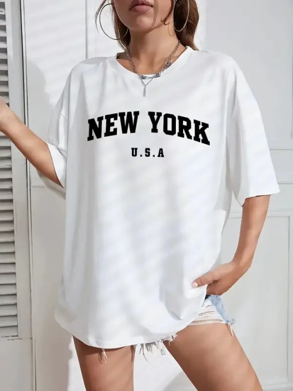 New York Baskılı Oversize Bisiklet Yaka T-shirt - Beyaz - BÜYÜKBEDENIZ