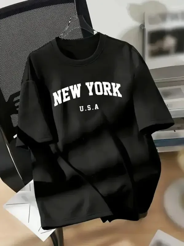 New York bosma oversize velosiped yoqali T-shirt - Qora - BÜYÜKBEDENIZ