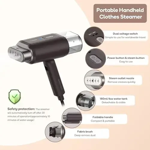 Newbealer Dual Voltage Garment Steamer 120V/220V, 1200W Powerful Steamer for Clothes, Home & Travel Use, Horizontal & Vertical Steaming, 20s Heat-up, Foldable, 1.72lbs, 180ml (Brown) - 6