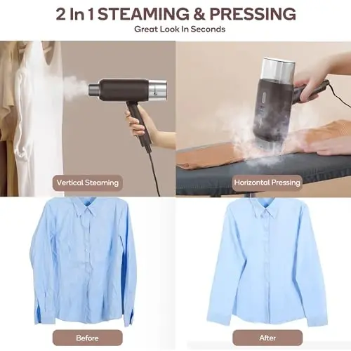 Newbealer Professional Business Travel Steamer, 1200W High-Power Dual Voltage (100-240V), Fast 20s Heat Up for Clothes Horizontal Vertical Steaming, Foldable & Solid 1.72 lbs, 180ml (Brown) - 2