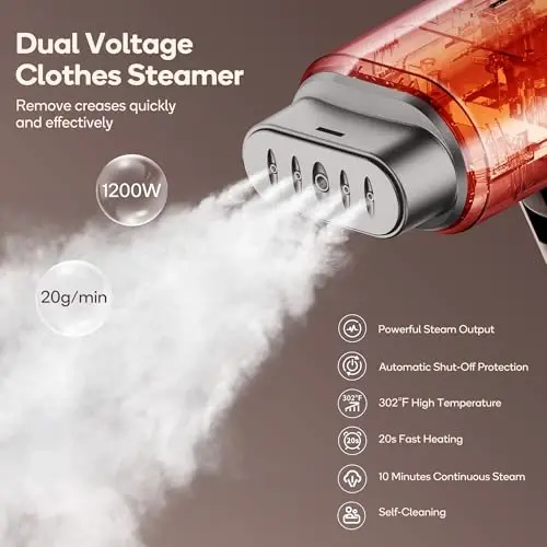 Newbealer Professional Business Travel Steamer, 1200W High-Power Dual Voltage (100-240V), Fast 20s Heat Up for Clothes Horizontal Vertical Steaming, Foldable & Solid 1.72 lbs, 180ml (Brown) - 3