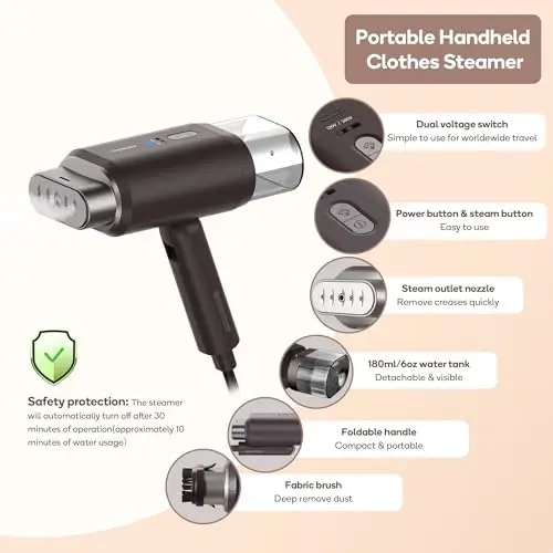 Newbealer Dual Voltage Travel Steamer - 120V/220V Handheld Steamer for Clothes, 1200W Horizontal & Vertical Steaming, 20s Heat-up, Foldable, 1.72lbs, 180ml Garment Wrinkle Remover (Brown) - 5