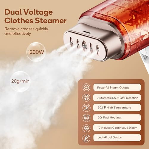 Newbealer Dual Voltage Travel Steamer - 120V/220V Handheld Steamer for Clothes, 1200W Horizontal & Vertical Steaming, 20s Heat-up, Foldable, 1.72lbs, 180ml Garment Wrinkle Remover (Gold) - 2