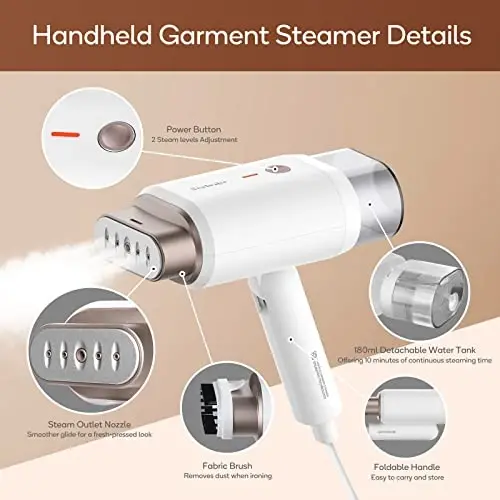 Newbealer Steamer for Clothes, 1200W Travel Steamer with Horizontal & Vertical Steaming, 2 Steam Levels, Dry Ironing, Foldable, 1.5lbs Lightly, 180ml Handheld Fabric Wrinkle Remover (120V Only) - 3