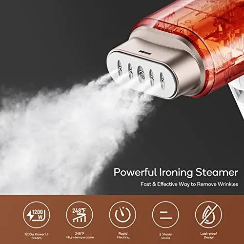 Newbealer Steamer for Clothes, 1200W Travel Steamer with Horizontal & Vertical Steaming, 2 Steam Levels, Dry Ironing, Foldable, 1.5lbs Lightly, 180ml Handheld Fabric Wrinkle Remover (120V Only) - NEWBEALER (1)