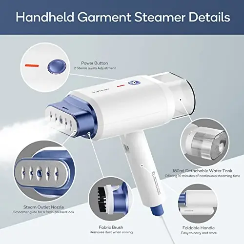 Newbealer Steamer for Clothes, 1200W Travel Steamer with Horizontal & Vertical Steaming, 2 Steam Levels, Dry Ironing, Foldable, 1.5lbs Lightly, 180ml Handheld Fabric Wrinkle Remover (120V Only) - NEWBEALER (1)
