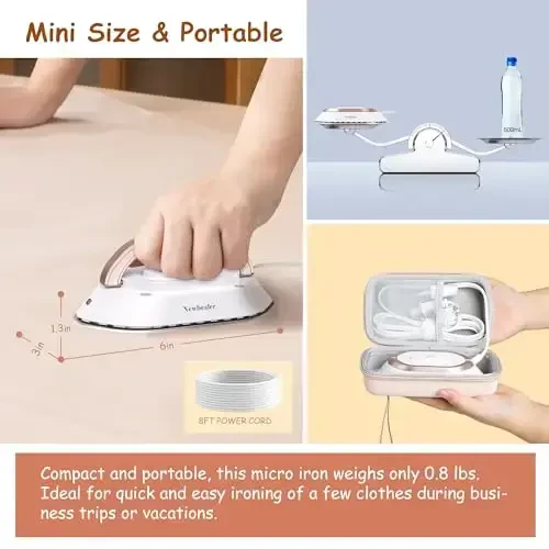 Newbealer Global kuchlanishli sayohat dazmoli, kiyim uchun 100-240V Mini quruq dazmol (bug'siz), Maks 300W, 60 soniyada qiziydi, 302℉ yopishmaydigan keramika taglik, 0,8 funt (qattiq qutisi bilan oltin) - 4