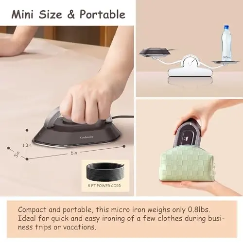 Newbealer Travel Iron with Global Voltage, 100-240V Mini Dry Iron for Clothes (No Steam), Max 300W, 60s Heat Up, 302℉ Non-Stick Ceramic Soleplate, 0.8lbs Ultra-Lightweight (Brown) - 5