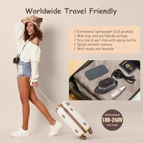 Newbealer Travel Iron with Global Voltage, 100-240V Mini Dry Iron for Clothes (No Steam), Max 300W, 60s Heat Up, 302℉ Non-Stick Ceramic Soleplate, 0.8lbs Ultra-Lightweight (Brown) - 2