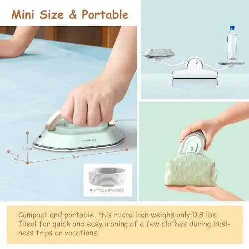 Newbealer Travel Iron with Global Voltage, 100-240V Mini Dry Iron for Clothes (No Steam), Max 300W, 60s Heat Up, 302℉ Non-Stick Ceramic Soleplate, 0.8lbs Ultra-Lightweight (Green) - 1