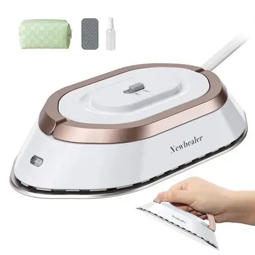 Newbealer Travel Iron with Dual Voltage - 120V/220V Lightweight Dry Iron for Clothes (No Steam), Non-Stick Ceramic Soleplate, 302℉ Heat Press Machine, w/Spray Bottle, Pouch & Silicone Stand (White) - 6