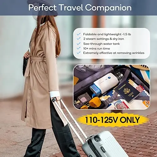 Newbealer Steamer for Clothes, 1200W Travel Steamer with Horizontal & Vertical Steaming, 2 Steam Levels, Dry Ironing, Foldable, 1.5lbs Lightly, 180ml Handheld Fabric Wrinkle Remover (120V Only) - 3