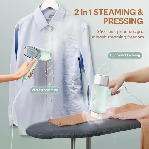 Newbealer Steamer for Clothes, Dual Voltage 100-240V, 1200W Travel Steamer with Horizontal & Vertical Steaming, 20s Heat-up, Foldable, 1.72lbs, 180ml Fabric Wrinkle Remover (Green) - 3