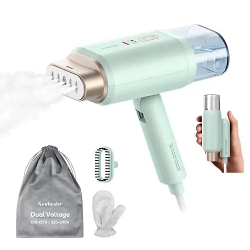 Newbealer Steamer for Clothes, Dual Voltage 100-240V, 1200W Travel Steamer with Horizontal & Vertical Steaming, 20s Heat-up, Foldable, 1.72lbs, 180ml Fabric Wrinkle Remover (Green) - NEWBEALER
