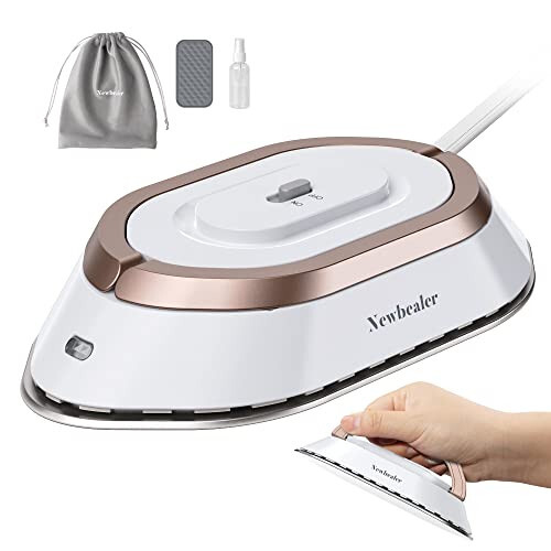 Newbealer Travel Iron with Dual Voltage - 120V/220V Mini Dry Iron for Clothes (No Steam), Non-Stick Ceramic Soleplate, 302℉ Heat Press Machine for Quilting & Sewing, 0.95lbs Lightly (Gold) - 2