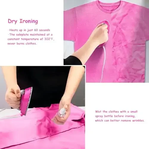 Newbealer Travel Iron with Global Voltage, 100-240V Mini Dry Iron for Clothes (No Steam), Max 300W, 60s Heat Up, 302℉ Non-Stick Ceramic Soleplate, 0.8lbs Ultra-Lightweight (Hotpink) - 6