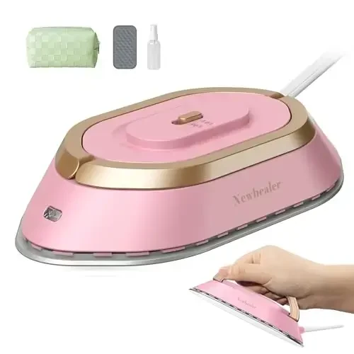 Newbealer Travel Iron with Global Voltage, 100-240V Mini Dry Iron for Clothes (No Steam), Max 300W, 60s Heat Up, 302℉ Non-Stick Ceramic Soleplate, 0.8lbs Ultra-Lightweight (Pink) - 1