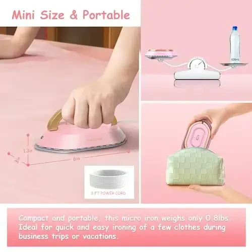 Newbealer Travel Iron with Global Voltage, 100-240V Mini Dry Iron for Clothes (No Steam), Max 300W, 60s Heat Up, 302℉ Non-Stick Ceramic Soleplate, 0.8lbs Ultra-Lightweight (Pink) - 5