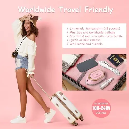 Newbealer Travel Iron with Global Voltage, 100-240V Mini Dry Iron for Clothes (No Steam), Max 300W, 60s Heat Up, 302℉ Non-Stick Ceramic Soleplate, 0.8lbs Ultra-Lightweight (Pink) - 2