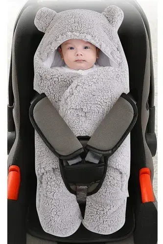 Newborn 0-6 Months Wellsoft Sleeping Bag Newborn Hooded Swaddle Blanket Plush Baby Outer Swaddle-Gray - 1