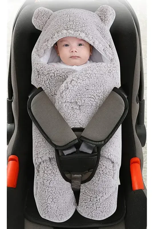 Newborn 0-6 Months Wellsoft Sleeping Bag Newborn Hooded Swaddle Blanket Plush Baby Outer Swaddle-Gray - 1